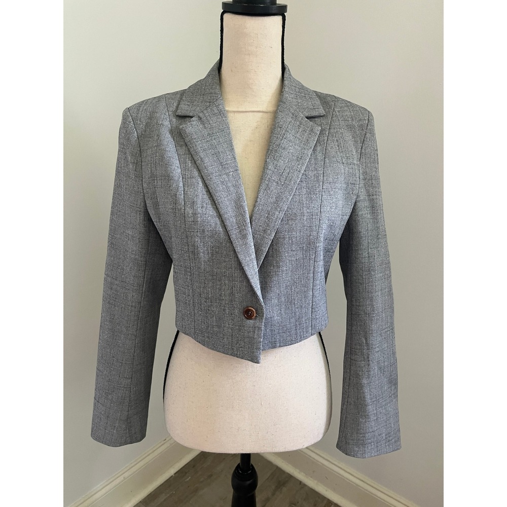 Cropped Blazer Heather Grey Medium One Button Office Chic Business Casual Preppy